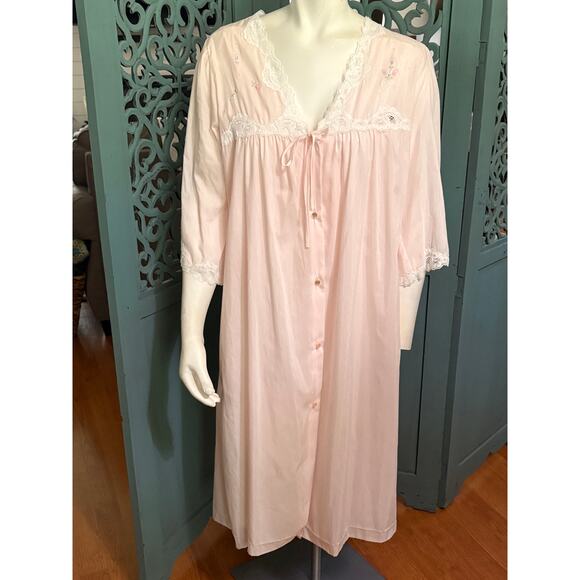 Vintage Barbizon Peignoir Set-Pink Nightgown/Robe Cotton/Lace-Romantic Cottage-M - Picture 1 of 14